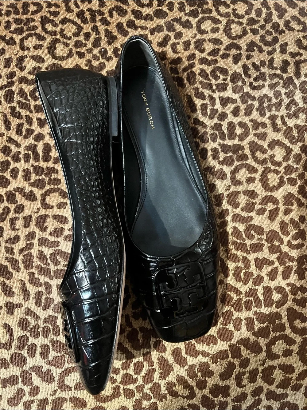 Tory Burch Black Croc-Embossed Logo Ballet Flats
